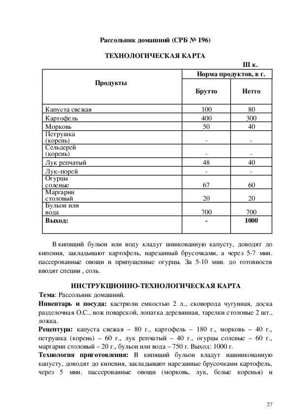 Технологическая карта рассольника домашнего