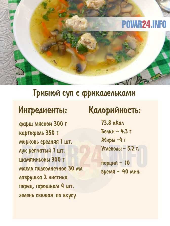 Сколько калорий в грибном супе с картофелем на курином бульоне