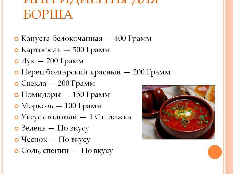 Технологическая карта борща на 1 порцию 250 грамм